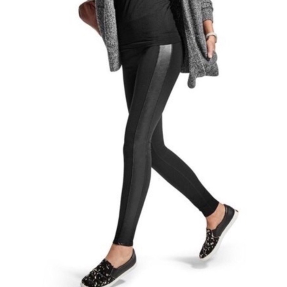 Athleta Black Leggings with Faux Leather Stripe Down the Side